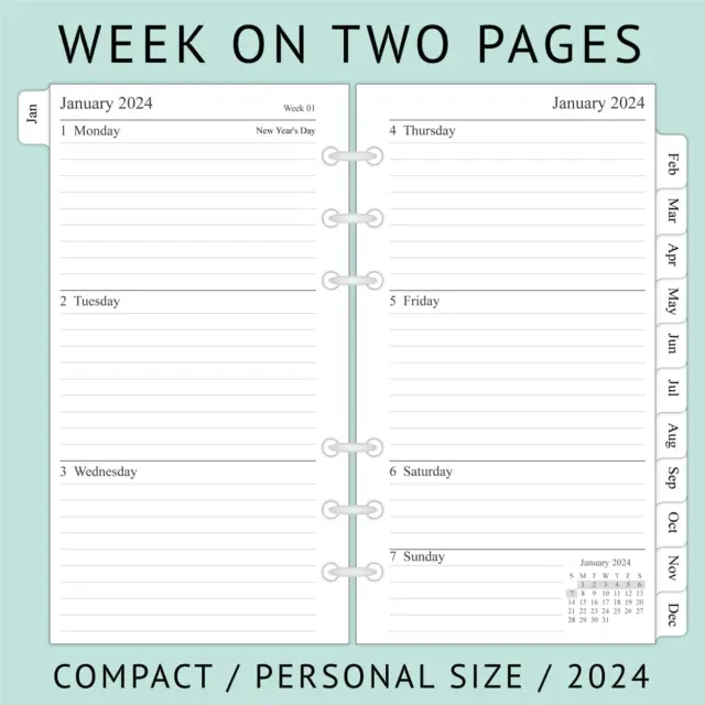 2024 Weekly & Monthly Planner Refill, 3-3/4" X 6-3/4", January 2024 - Dec 2024, 3