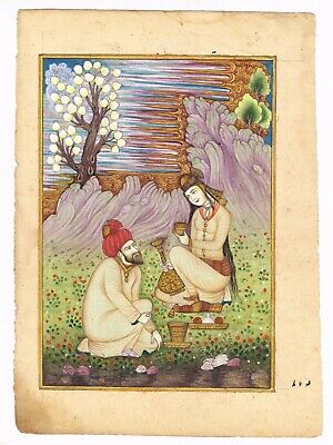 Hand Painted Persian Miniature Painting Lover Enjoying Wine Gouache Art On Paper