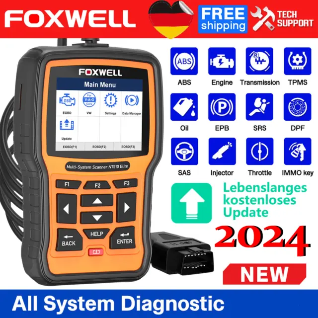 2024 FOXWELL NT510ELITE KFZ Diagnosegerät Auto OBD2 Scanner All System TPMS EPB