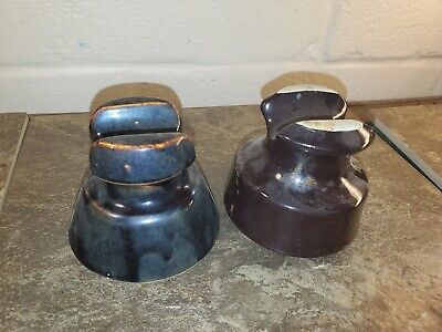 Vintage (2) Original Brown Porcelain Ceramic Electric Insulators Bell Shape