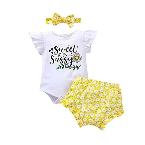 3Pcs Newborn Baby Girl Floral Ruffle Outfits Romper Jumpsuit Headband Set 6-12m