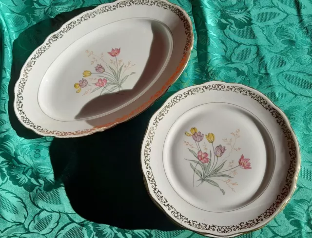 Ensemble 1 plat long et 6 assiettes en porcelaine d'art Limoges