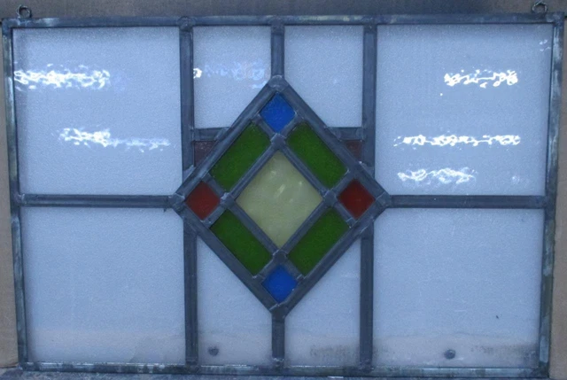 OLD ENGLISH LEADED STAINED GLASS WINDOW Unframed w Hooks Diamond 20.75" x 14.25"