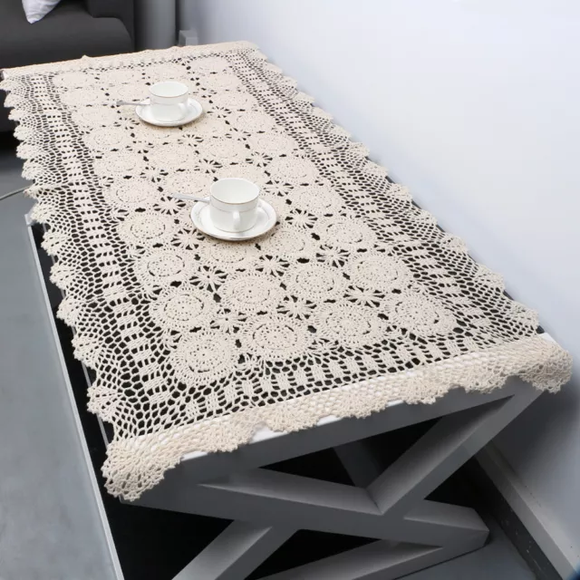 Handmade Crochet Rectangle Tablecloth Cotton Lace Table Cover Home Decor Beige