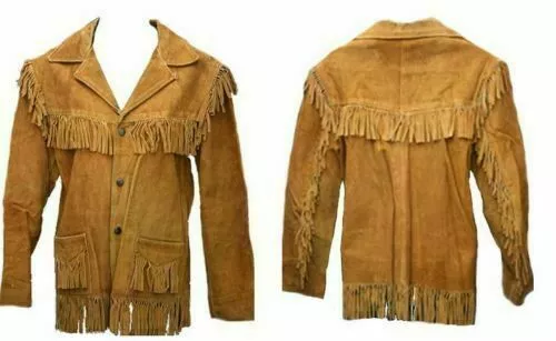 Men Native American Cowboy Western Suede Leather Jacket Coat Fringes Bones Beads