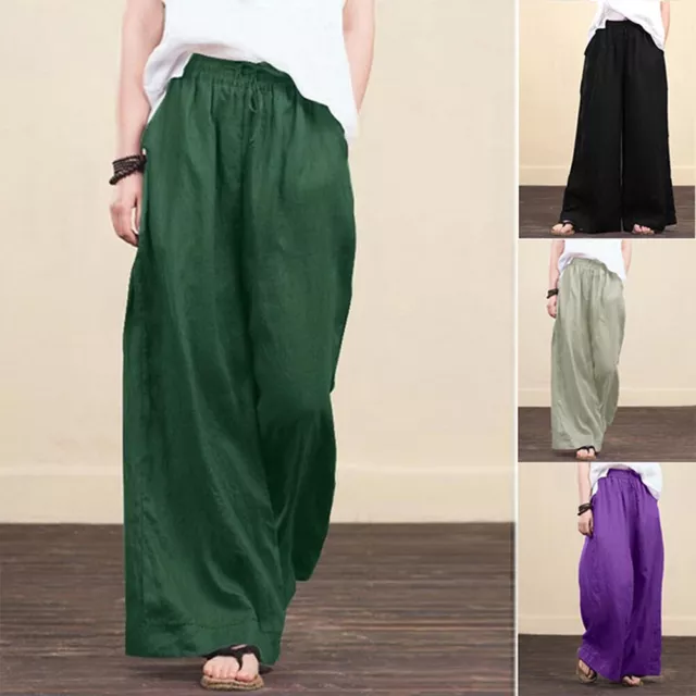 Womens Cotton Linen Solid Elastic Waist Wide Leg Pants Loose Harem Trousers US