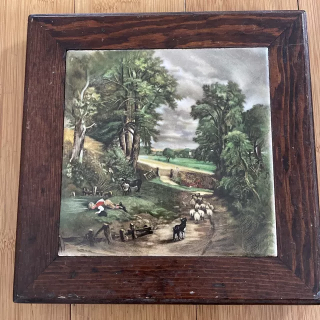 VTG English Countryside 6" Ceramic Tile Wall Trivet Sheep Dog Boy