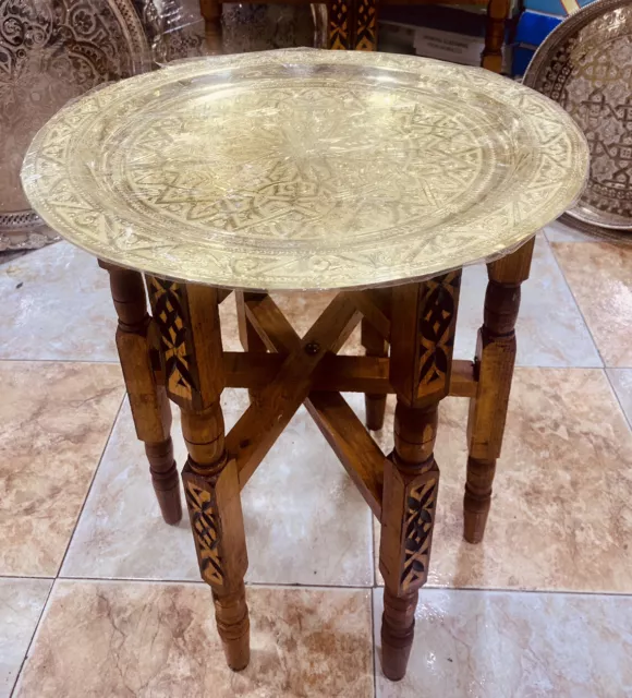 Moroccan Handmade Traditional Brass Tray Top Round Carved Wood 15,5’’