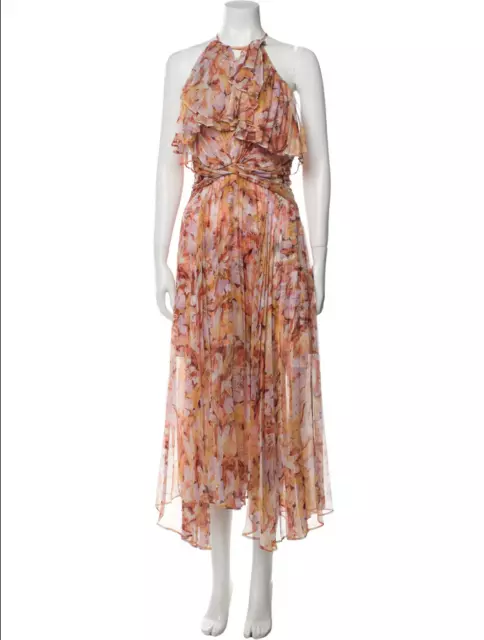 Acler Floral Print pleated chiffon ruffled midi high low Long Dress new sz 4 M