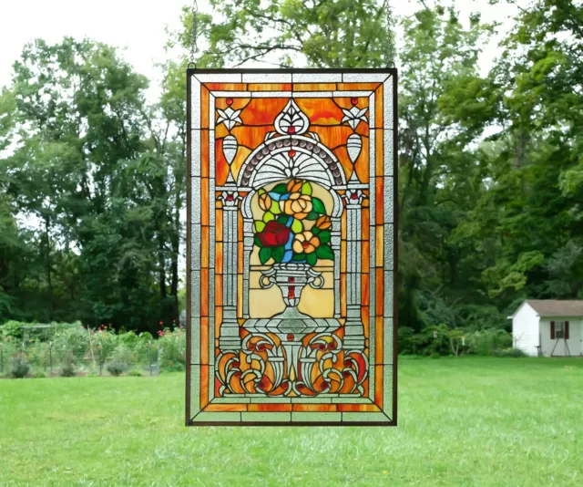 20.5" x 34.75" Flower in vase Tiffany Style stained glass Jeweled window panel