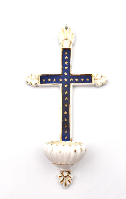 Antiguo Pila de Agua Bendita Crucifijo Porcelana Biscuit Baño Oro Stoup
