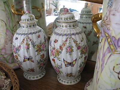 Antique Pair Rare Paris Porcelain Urn Vases Bourdois Bloch Butterfly Insect 10"