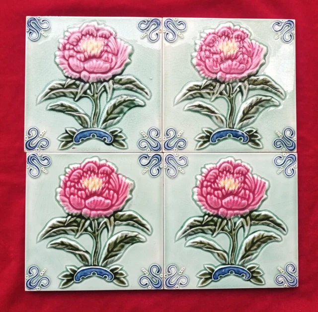 4 Piece Art Deco Floral Embossed Design Majolica Ceramic Tiles Japan 0411