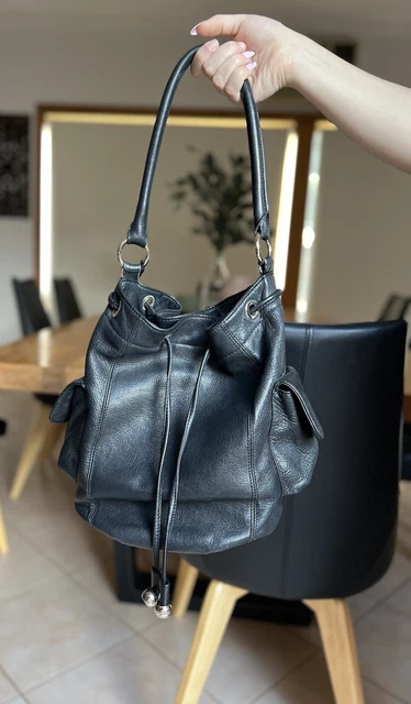 OROTON WOMENS BLACK Leather Shoulder Bag Small Hobo Drawstring