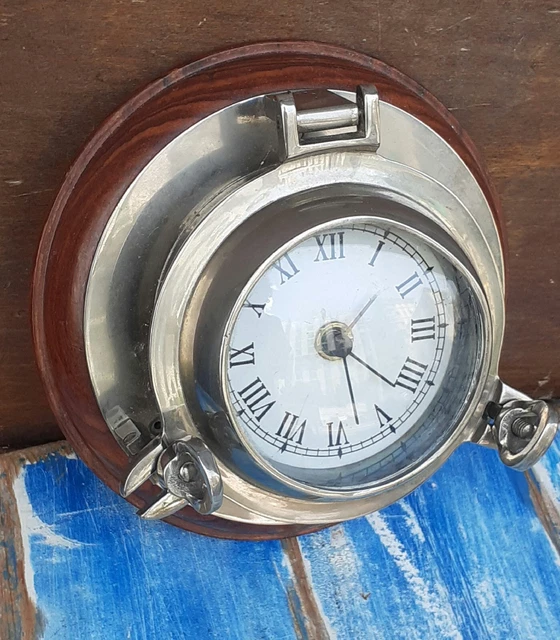 Oblò Con Orologio Da Parete In Acciaio Capitano Arredo Navele Base Mogano Marino