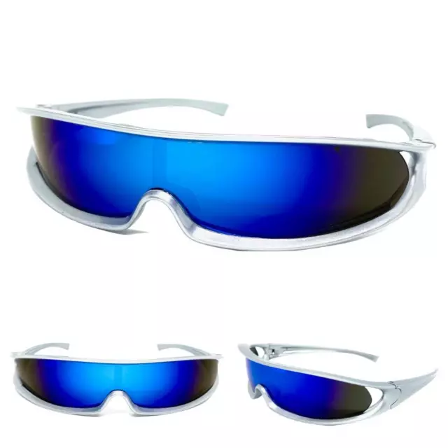 SPACE ROBOT PARTY RAVE COSTUME CYCLOPS FUTURISTIC SHIELD SUNGLASSES Silver Frame