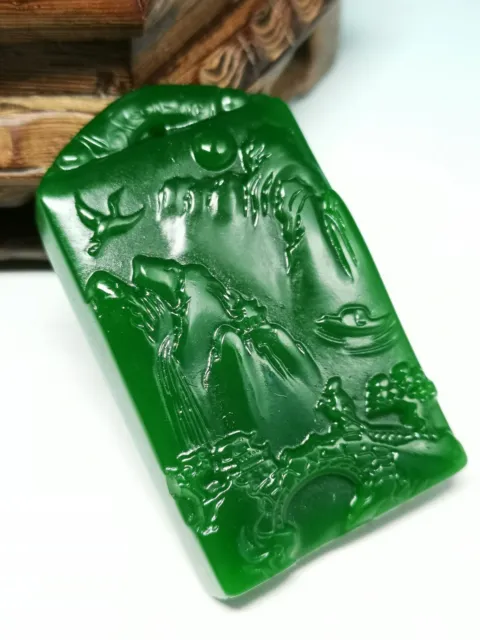 Nice Spinach Green Jade Carved  Bas-relief Landscape Painting Statue Pendant DA8