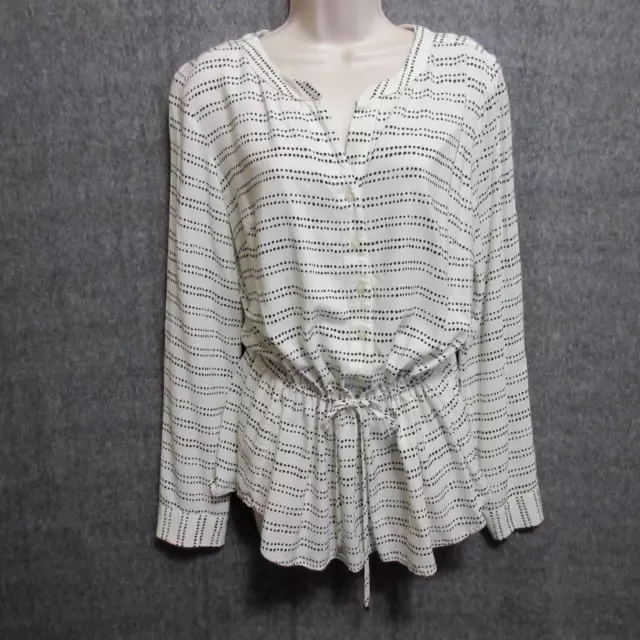 Talbots Popover Blouse Top Womens Large Roll Tab Sleeve Tie Waist Ivory Black
