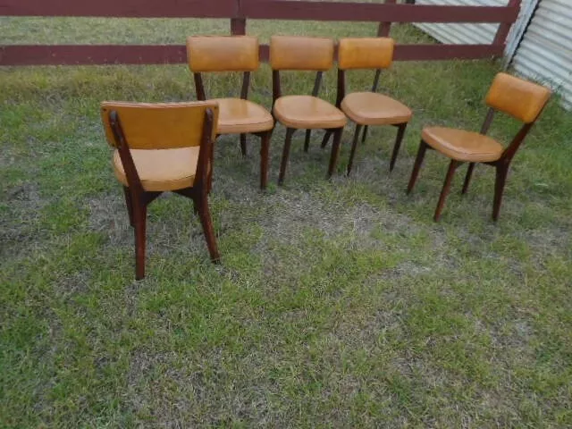 Vintage Retro Mid Century Dining Chairs Timber Frame Vinyl Upholstery X 5