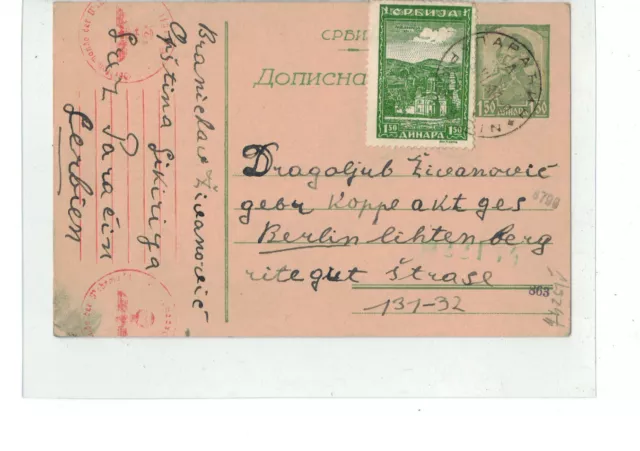DR Serbien Ganzsache Brief - Paraćin n Berlin - o 1944 - Fremdarbeiter Koppe AG