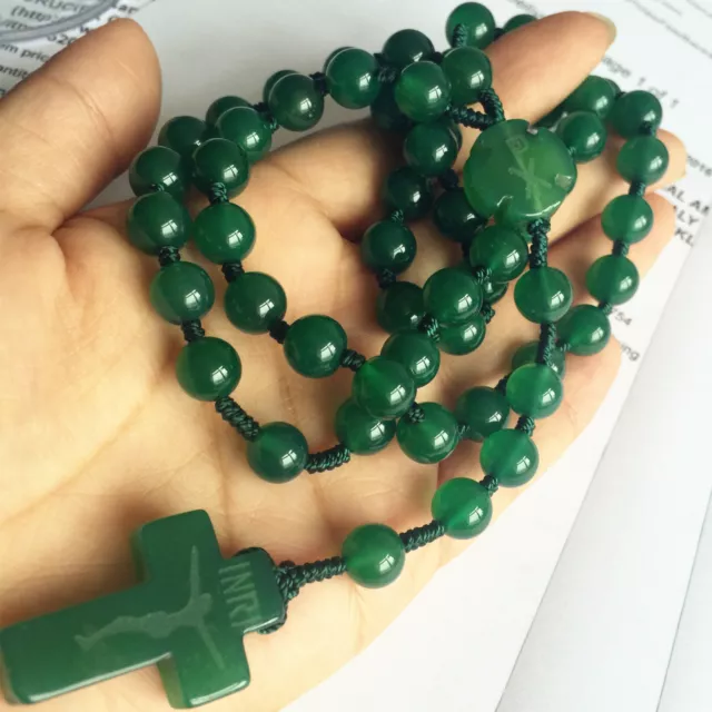 Natural Green jade Bead CROSS ROSARY BEADS CRUCIFIX CATHOLIC NECKLACE BOX