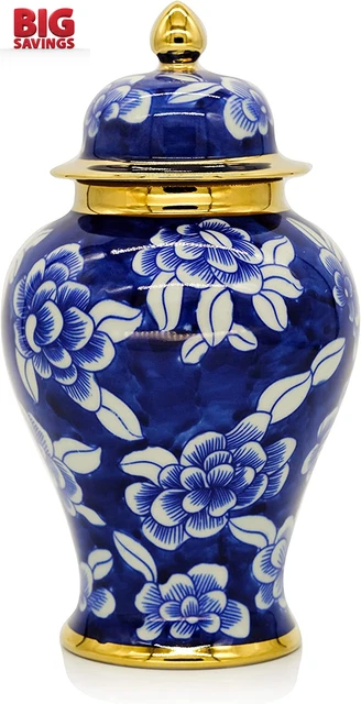 Decor Handmade Gold Trim Blue and White Porcelain Peony Flowers Ginger Jar with