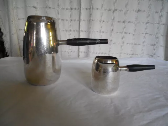 English silver mfg corp silver w/wood handle warming pots, gravy, brandy #28 & # 2