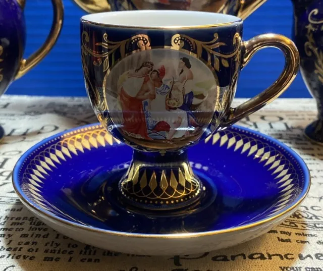 Limoge Cobalt Blue Gold Three Graces Coffee 15 pcs Set Porcelain 3