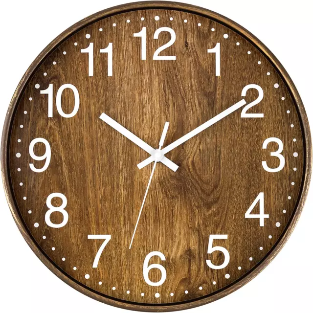 Wood Wall Clock, 12 Inch Silent Non-Ticking Battery Operated Round Clock