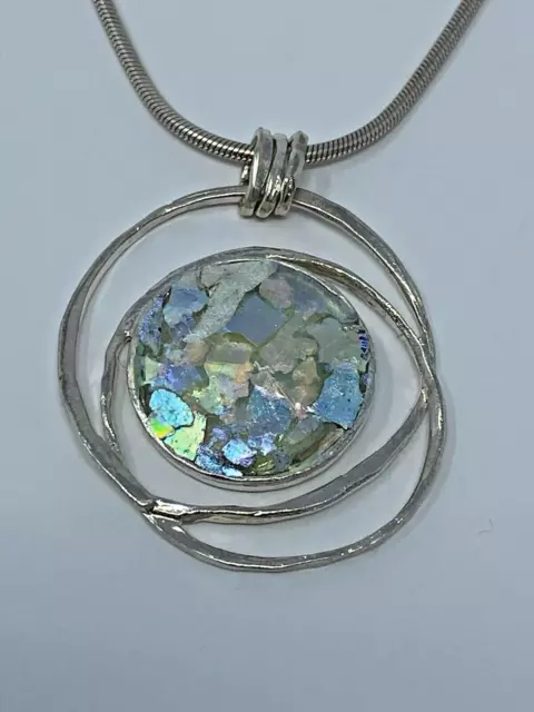 Textured Sterling Silver Open Designed Pendant Round Ancient Roman Glass Center