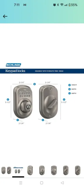 Schlage BE365 PLY 619 Plymouth Keypad Deadbolt, Satin Nickel