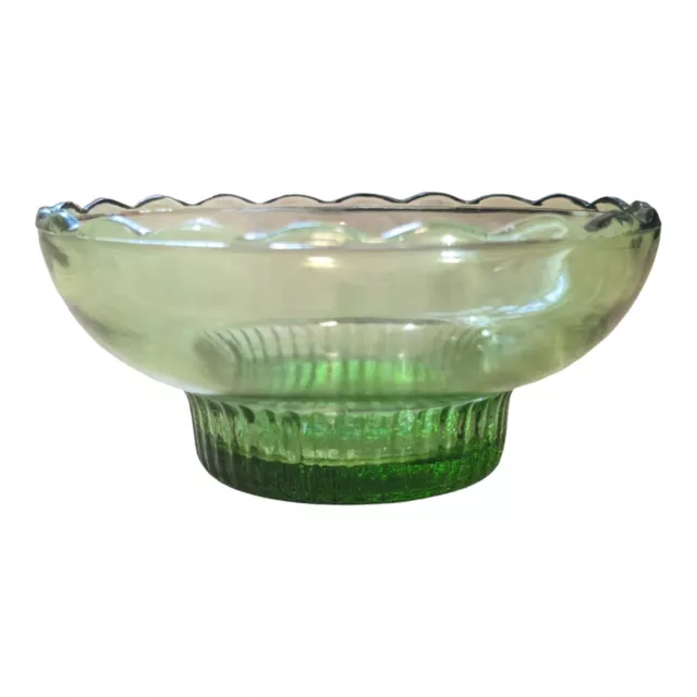 Vintage EO Brody Co M2000 Green Depression Glass Scalloped Ribbed Pedestal Bowl