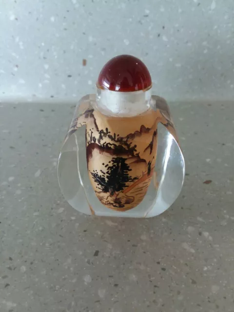 Vintage Chinese Reverse Painted Crystal Perfume Bottle W/Carnelian Stopper