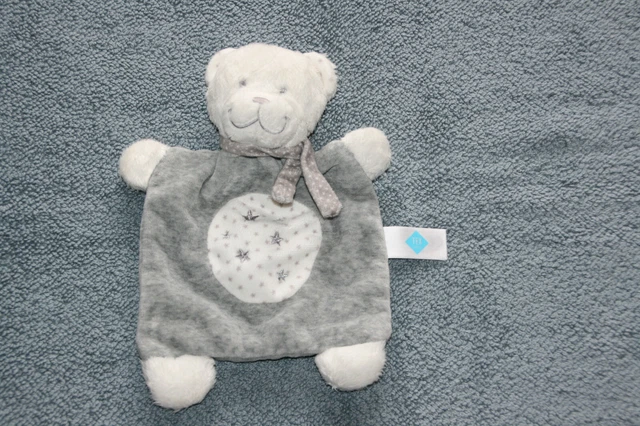 Tex Baby Doudou Ours Plat Gris Blanc Etoiles Argentees Echarpe Etat Neuf