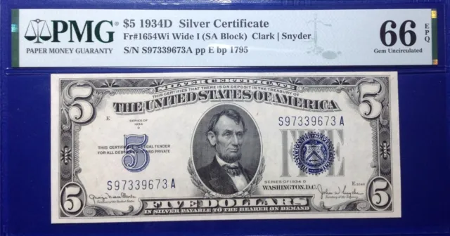 1934D $5 Silver Certificate Fr-1654Wi PMG66 Gem EPQ