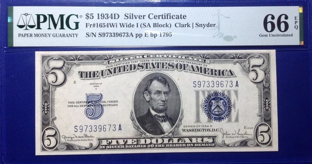 1934D $5 Silver Certificate Fr-1654Wi PMG66 Gem EPQ