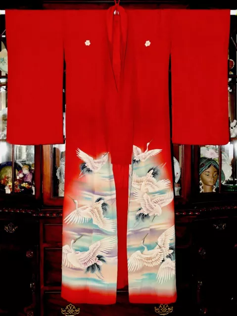 Meiji Japanese 色留袖 IRO TOMESODE Five 家紋 Kamon-Crest Red Formal Cranes Kimono 2