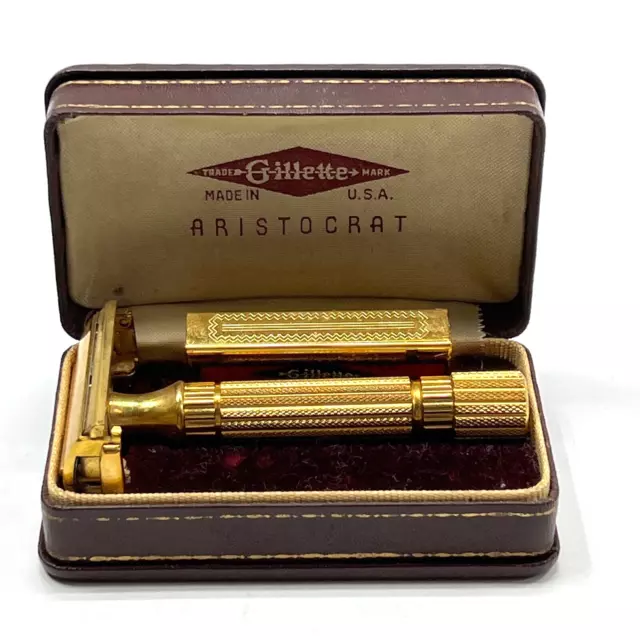 Gillette Aristocrat Safety Razor Gold Tone in Box & Blade Keeper Shaver 3 Blade