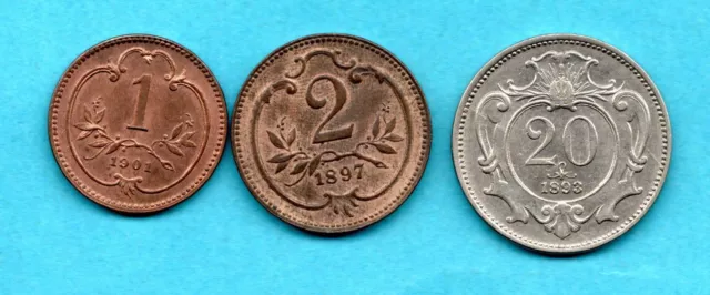 Austria 1, 2 & 20 Heller Coins. 1901, 1897 & 1893. High Grade. Job Lot.