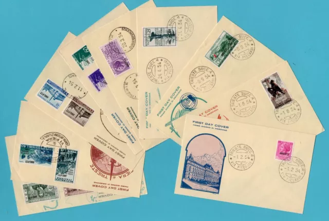 ITALY TRIESTE group of 9 FDC's 1954 Trieste with AMG-FTT overprints