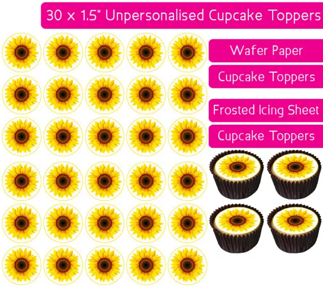 30 Sunflowers Edible Wafer & Icing Cupcakes Toppers Birthday Party Garden Decor