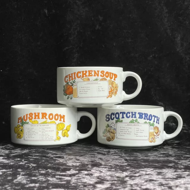 Vintage Recipe Soup Mugs Cups Set of 3 Scotch Broth, Chicken, Mushroom 1970s 80s