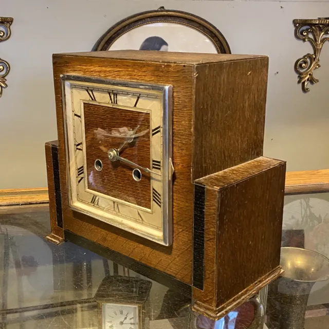 Antique Large Square Art Deco Mantle Clock Wood 1920s 1930s Chrome 3