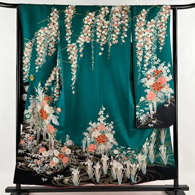 Woman Japanese Kimono Furisode Silk Flower Cart Weeping CherryBlossom Foil Green
