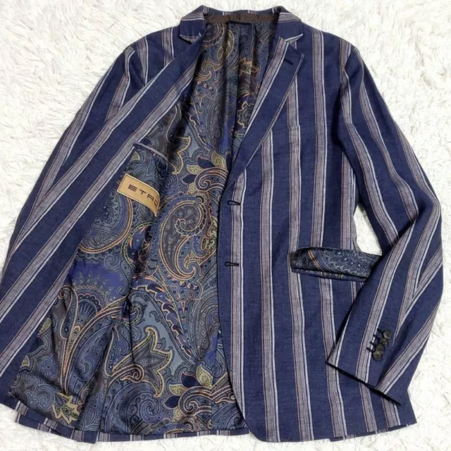 Etro Men Size 56 US 44 Linen Striped Jacket Silk Paisley Lining Blue Italy Made