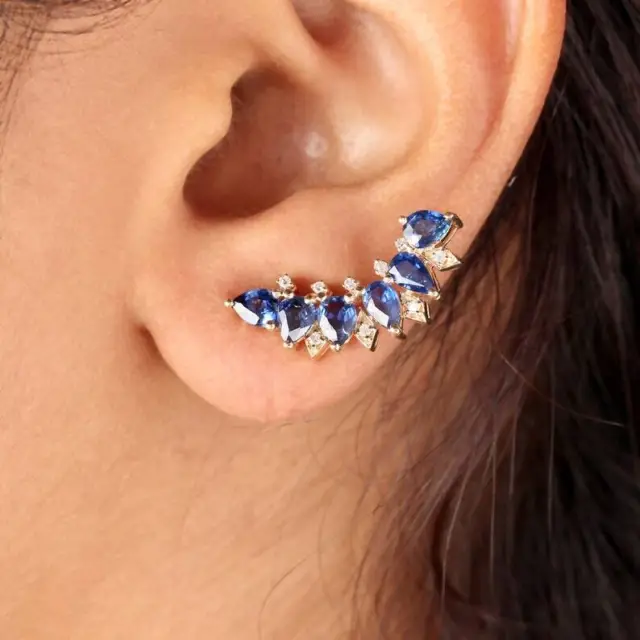 Gold Plated-925 Sterling Silver-Sapphire- Pave Diamond-Stud Earring/Jewelry