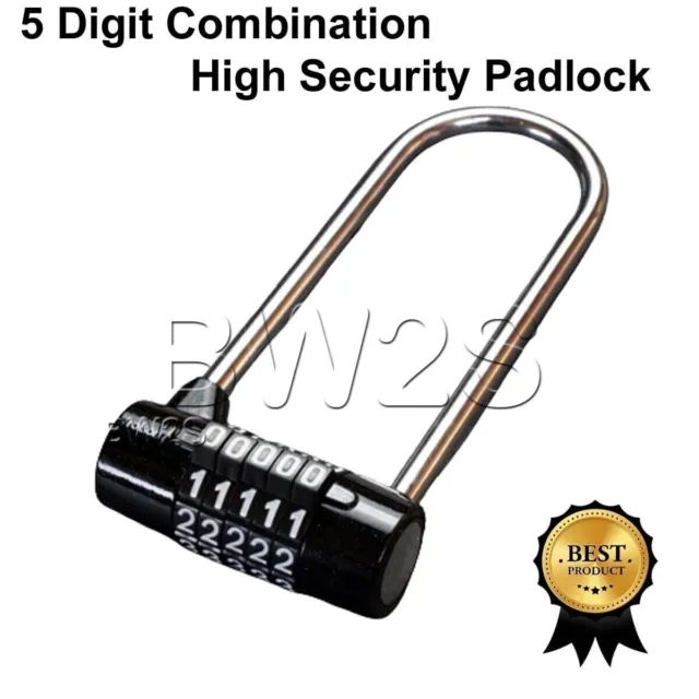 5 Digit Long Shackle Combination Padlock Heavy Duty Lock Zinc Alloy Body