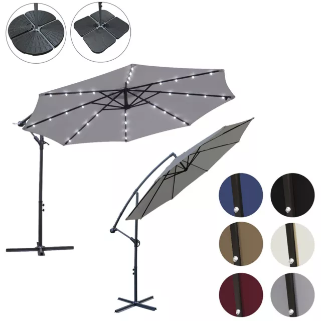 3m Banana Garden Parasol Sun Shade Patio Hanging Umbrella Cantilever 32 LED