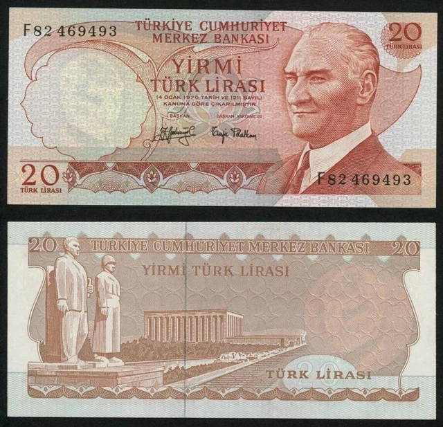 L 1970 Currency 1974 Turkey 20 Liras Banknote Kamel Ataturk Pick # 187 CU-2