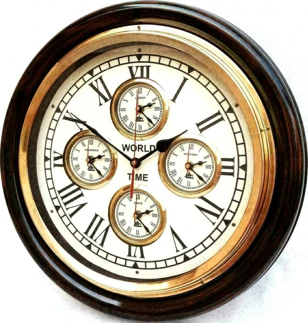 Orologio da parete in legno antico stile vintage in ottone con decoro...